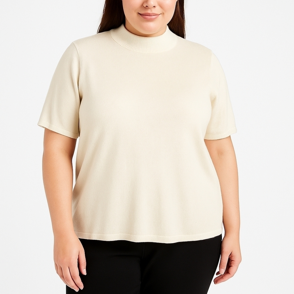 JM Woman by Jennifer Moore Cream Mock Neck Short Sleeve Sweater Top 1X Plus Size